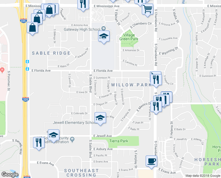 map of restaurants, bars, coffee shops, grocery stores, and more near 14612 East Hawaii Place in Aurora