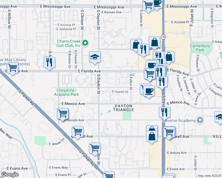 map of restaurants, bars, coffee shops, grocery stores, and more near 9772 East Hawaii Place in Denver