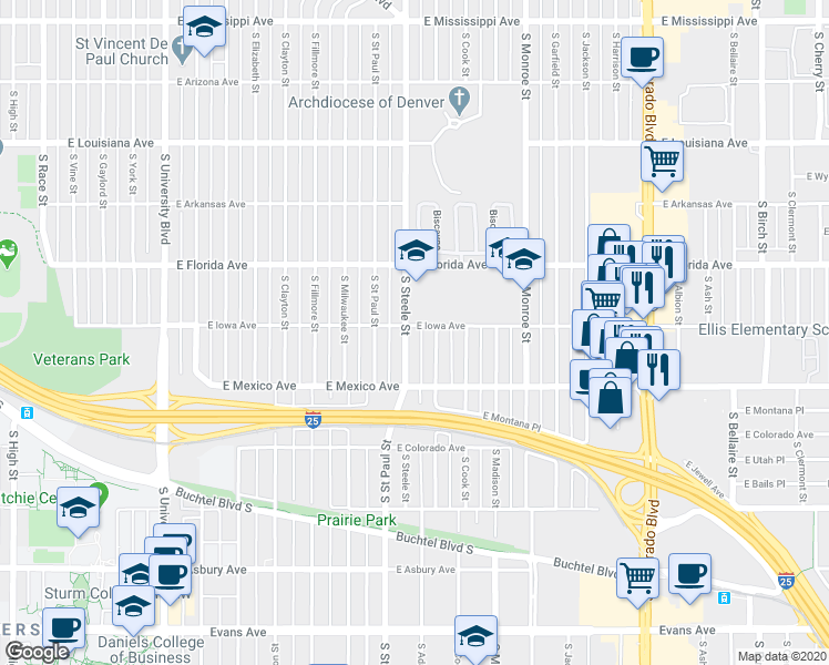map of restaurants, bars, coffee shops, grocery stores, and more near 1625 South Adams Street in Denver