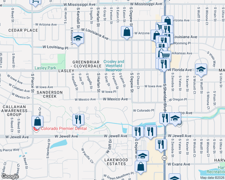 map of restaurants, bars, coffee shops, grocery stores, and more near 1600 South Fenton Street in Lakewood