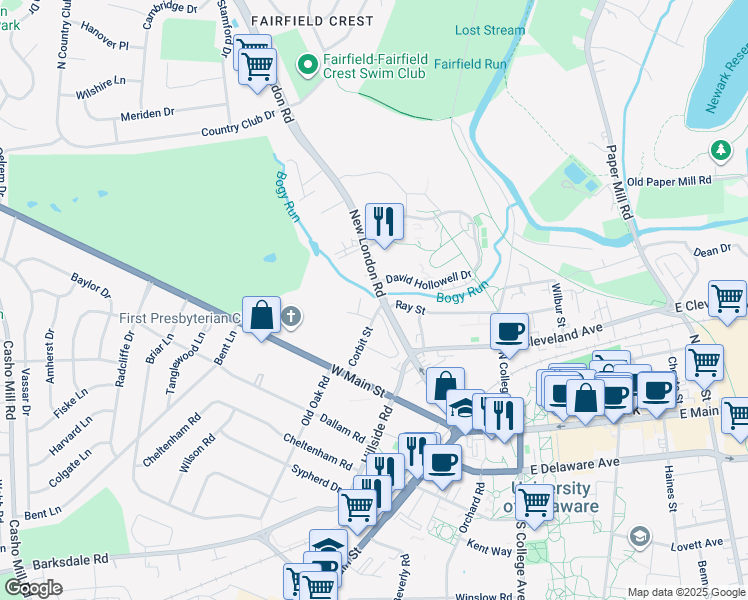 map of restaurants, bars, coffee shops, grocery stores, and more near 60 Kennard Drive in Newark