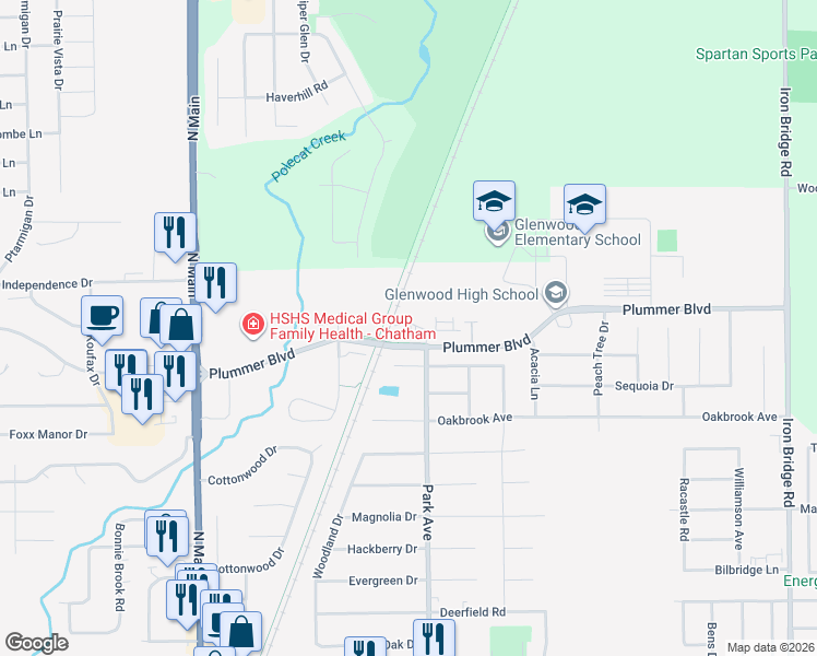 map of restaurants, bars, coffee shops, grocery stores, and more near Plummer Boulevard in Chatham