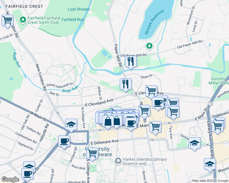 map of restaurants, bars, coffee shops, grocery stores, and more near 91 Kershaw Street in Newark