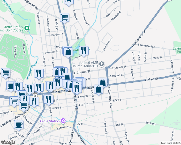 map of restaurants, bars, coffee shops, grocery stores, and more near 185 East Church Street in Xenia