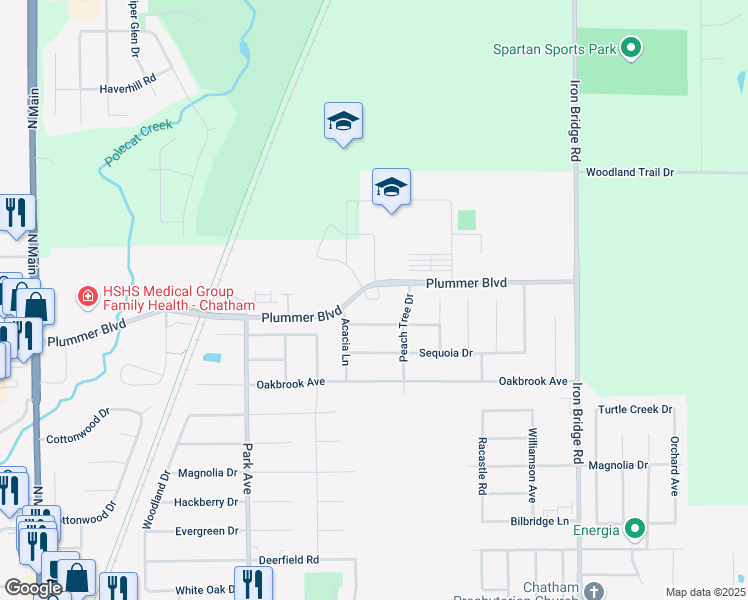 map of restaurants, bars, coffee shops, grocery stores, and more near 1418 School House Lane in Chatham