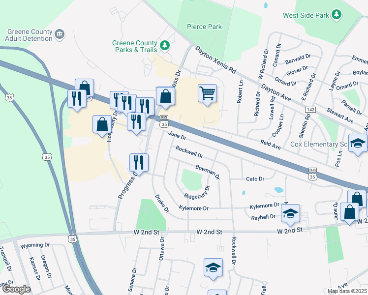 map of restaurants, bars, coffee shops, grocery stores, and more near 1755 Rockwell Drive in Xenia