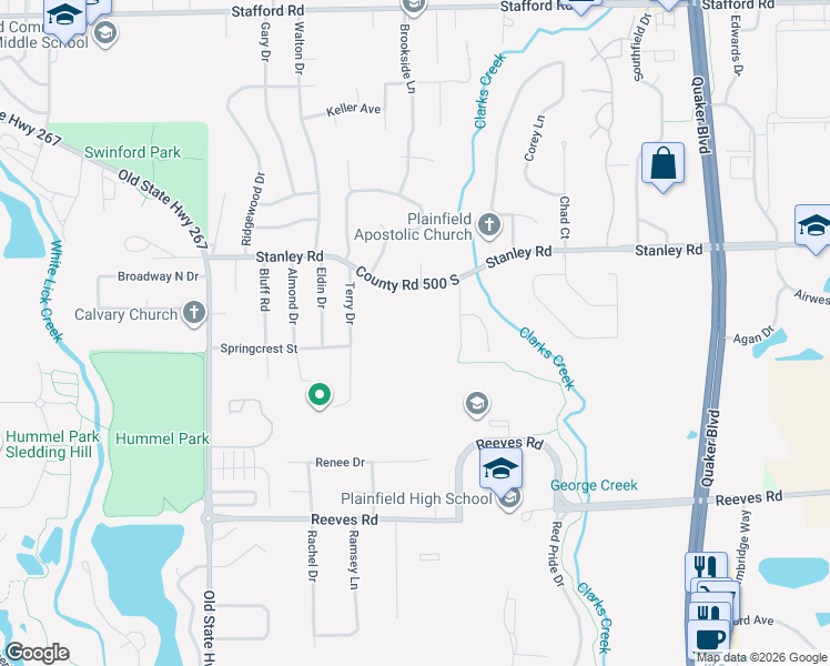 map of restaurants, bars, coffee shops, grocery stores, and more near 1433 Stanley Road in Plainfield