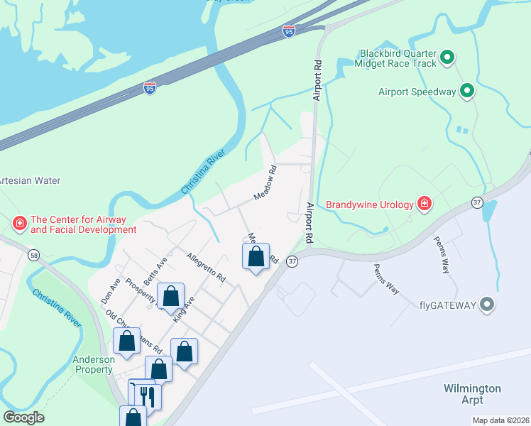 map of restaurants, bars, coffee shops, grocery stores, and more near 42B Meadow Road in New Castle