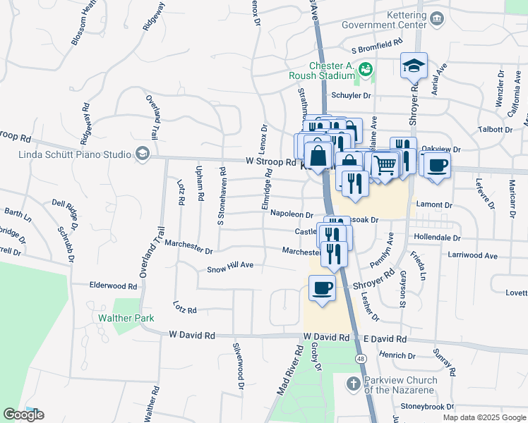 map of restaurants, bars, coffee shops, grocery stores, and more near 7608 Elmridge Road in Kettering