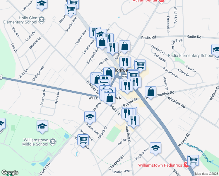 map of restaurants, bars, coffee shops, grocery stores, and more near 19 Clinton Avenue in Monroe