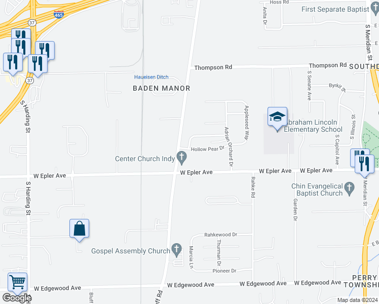 map of restaurants, bars, coffee shops, grocery stores, and more near 747 Hollow Pear Drive in Indianapolis