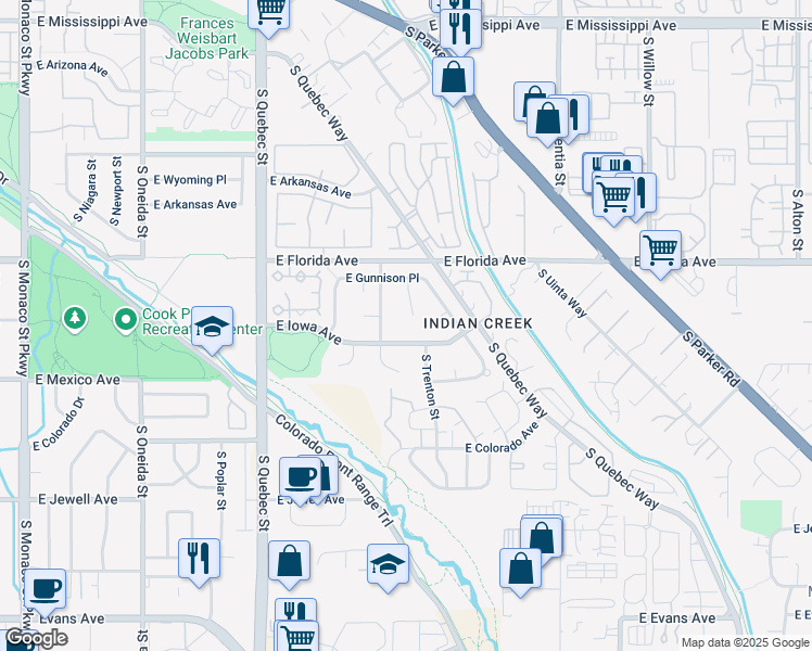map of restaurants, bars, coffee shops, grocery stores, and more near 7781 East Iowa Avenue in Denver