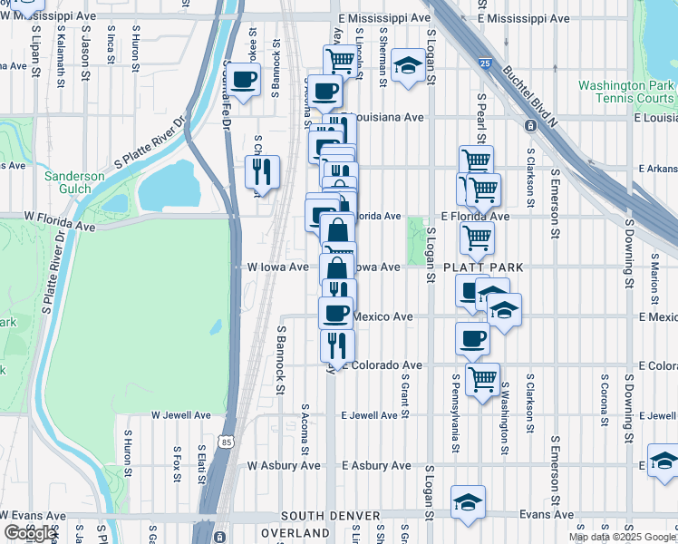 map of restaurants, bars, coffee shops, grocery stores, and more near 1616 South Broadway in Denver