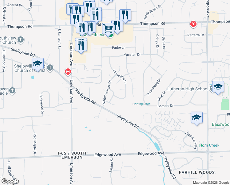 map of restaurants, bars, coffee shops, grocery stores, and more near 5521 Prairie Dog Drive in Indianapolis