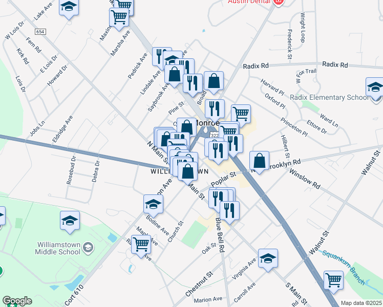 map of restaurants, bars, coffee shops, grocery stores, and more near 50 Sicklerville Road in Monroe Township