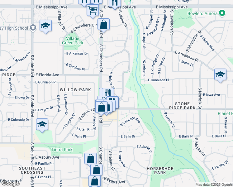 map of restaurants, bars, coffee shops, grocery stores, and more near 1610 South Ivory Circle in Aurora