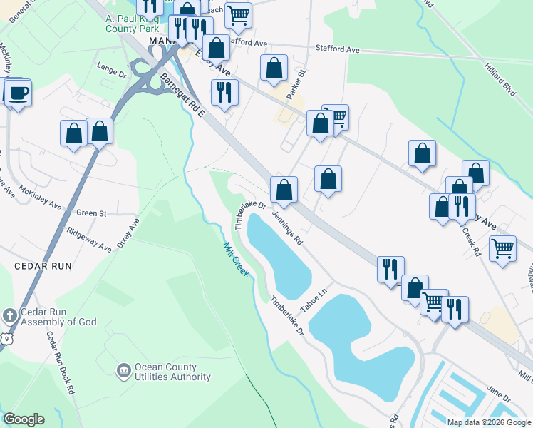 map of restaurants, bars, coffee shops, grocery stores, and more near 317 Timberlake Drive in Stafford Township