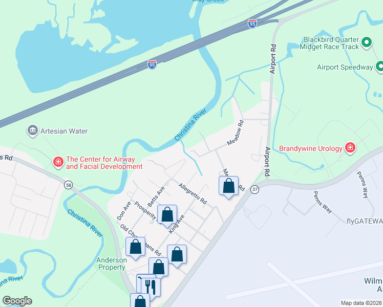 map of restaurants, bars, coffee shops, grocery stores, and more near 45 Meadow Road in New Castle