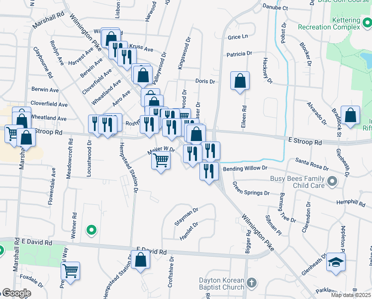 map of restaurants, bars, coffee shops, grocery stores, and more near 4075 Wilmington Pike in Kettering