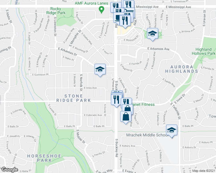 map of restaurants, bars, coffee shops, grocery stores, and more near 16811 East Hawaii Drive in Aurora