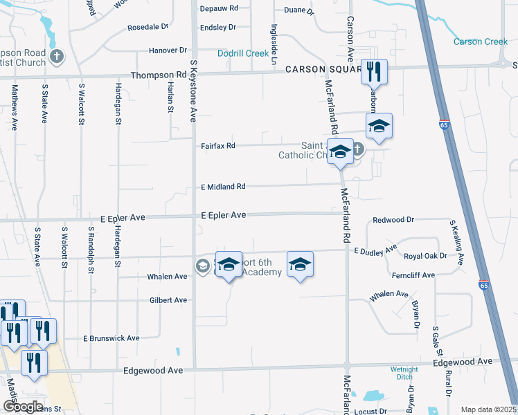 map of restaurants, bars, coffee shops, grocery stores, and more near 2601 East Epler Avenue in Indianapolis