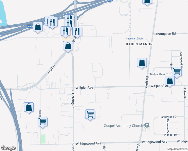 map of restaurants, bars, coffee shops, grocery stores, and more near 5404 Cliff Ridge Drive in Indianapolis