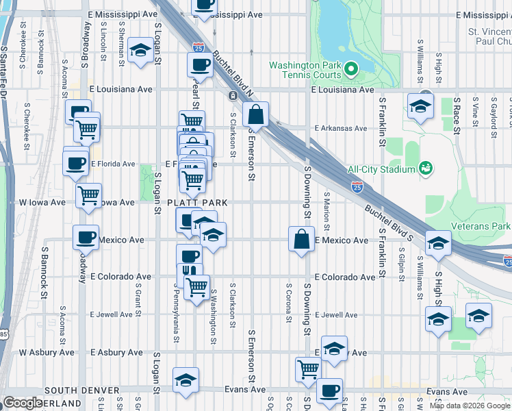 map of restaurants, bars, coffee shops, grocery stores, and more near 1600 South Emerson Street in Denver