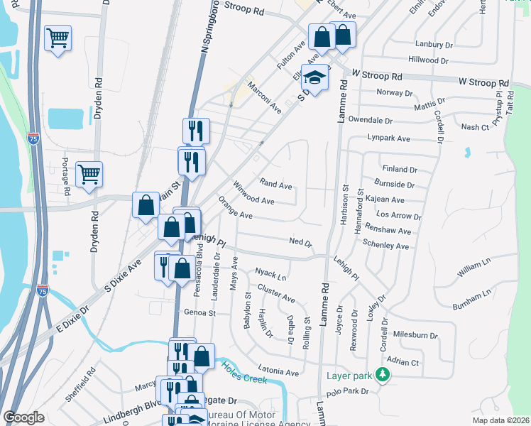 map of restaurants, bars, coffee shops, grocery stores, and more near 2426 Orange Avenue in Moraine