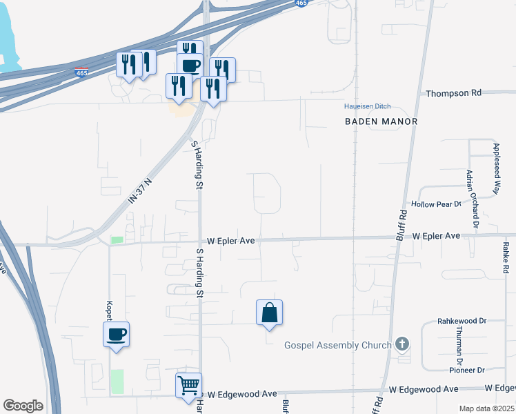 map of restaurants, bars, coffee shops, grocery stores, and more near 5404 Cliff Ridge Drive in Indianapolis