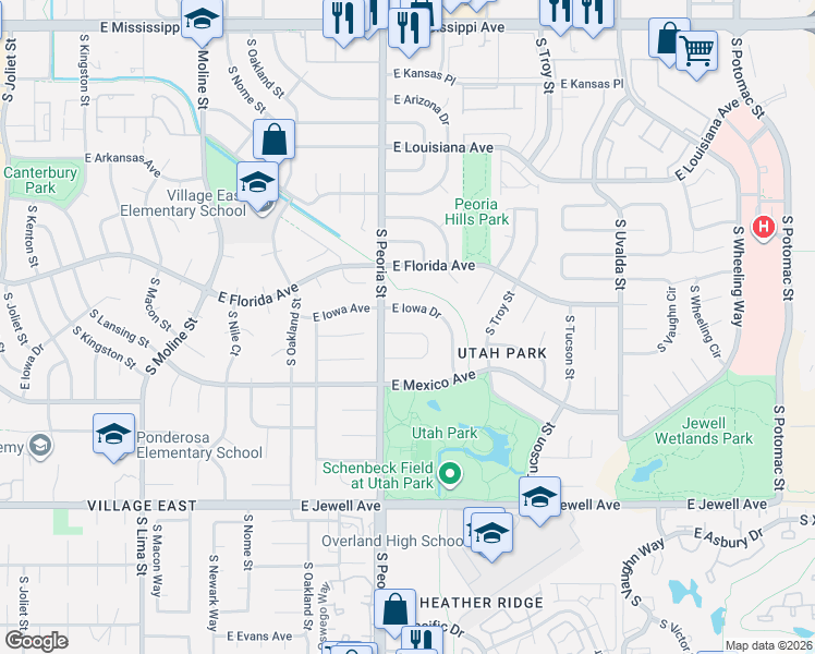 map of restaurants, bars, coffee shops, grocery stores, and more near 12147 East Hawaii Drive in Aurora
