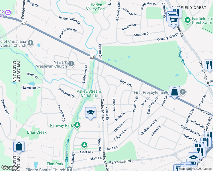 map of restaurants, bars, coffee shops, grocery stores, and more near 7 Vassar Drive in Newark