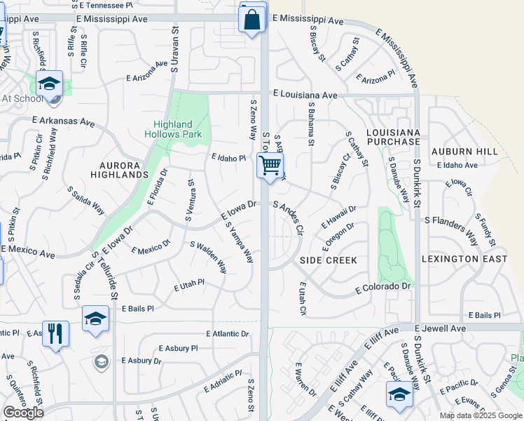 map of restaurants, bars, coffee shops, grocery stores, and more near 1628 South Tower Road in Aurora