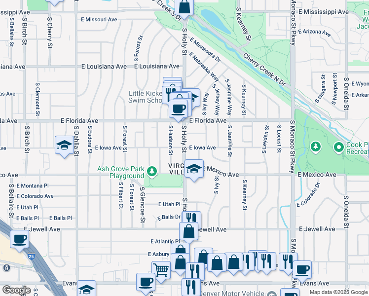 map of restaurants, bars, coffee shops, grocery stores, and more near 1640 South Holly Street in Denver