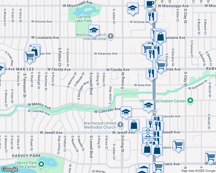 map of restaurants, bars, coffee shops, grocery stores, and more near 1630 South Julian Way in Denver