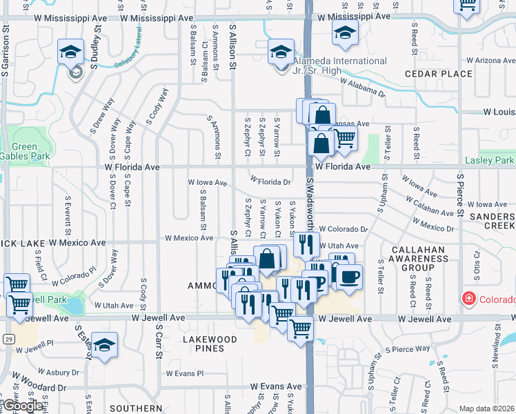 map of restaurants, bars, coffee shops, grocery stores, and more near 1646 South Yarrow Court in Lakewood