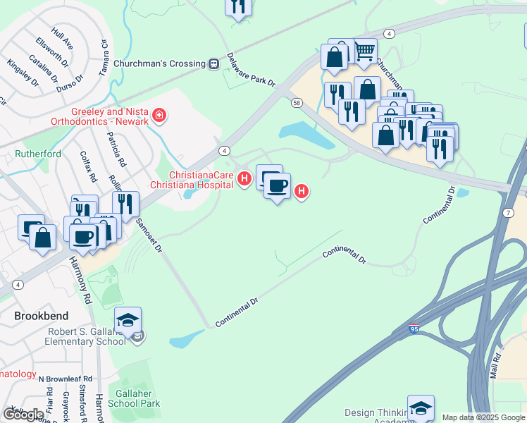 map of restaurants, bars, coffee shops, grocery stores, and more near in Christiana