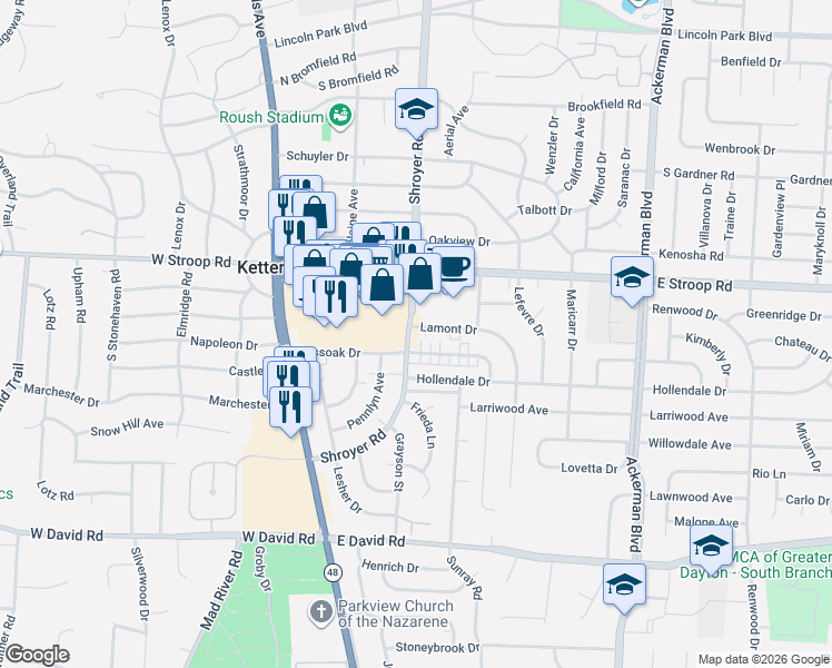 map of restaurants, bars, coffee shops, grocery stores, and more near 501 Mossoak Drive in Dayton