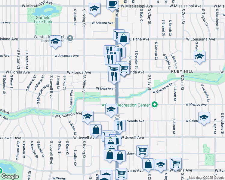 map of restaurants, bars, coffee shops, grocery stores, and more near 1601 South Federal Boulevard in Denver