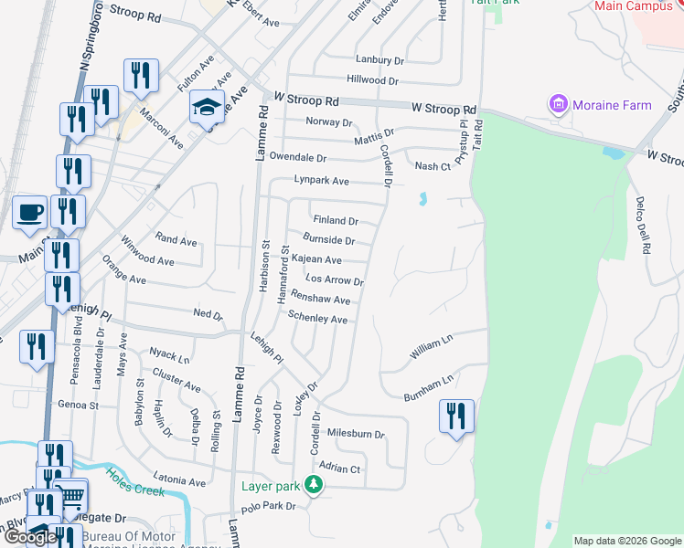 map of restaurants, bars, coffee shops, grocery stores, and more near 2156 Los Arrow Drive in Dayton