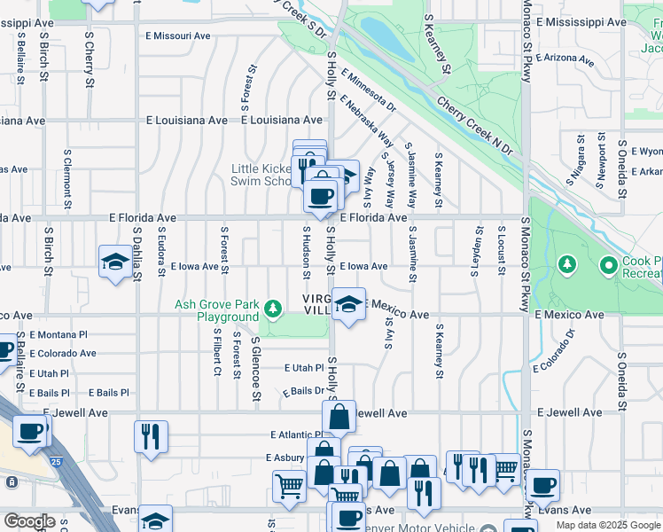 map of restaurants, bars, coffee shops, grocery stores, and more near 1640 South Holly Street in Denver