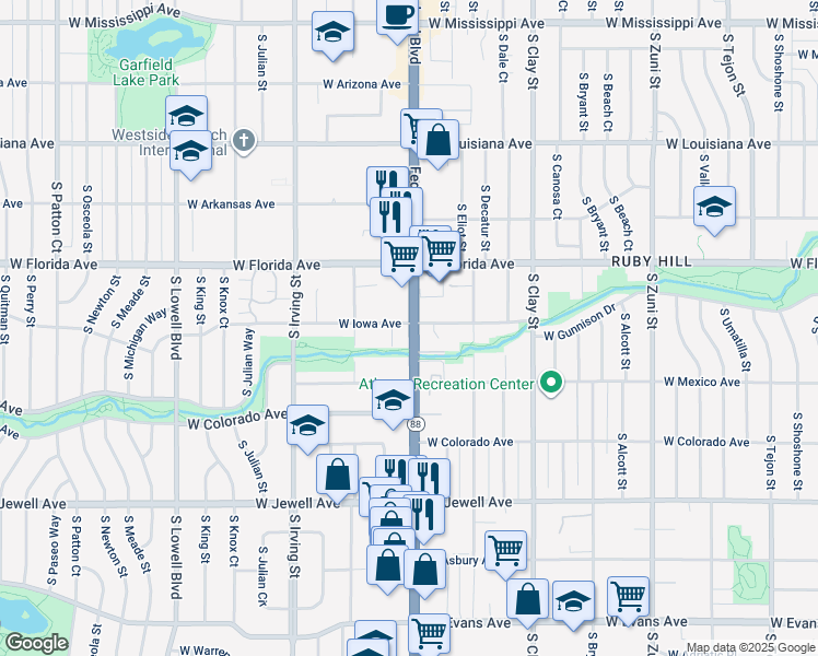 map of restaurants, bars, coffee shops, grocery stores, and more near 1601 South Federal Boulevard in Denver
