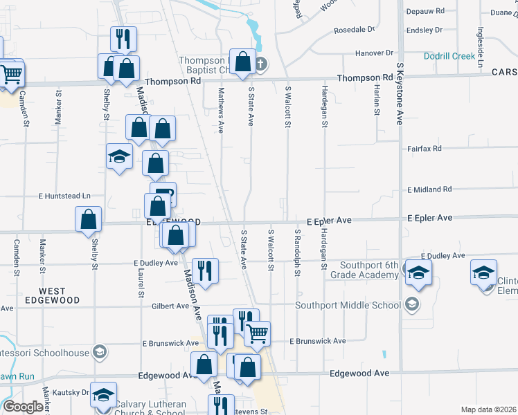map of restaurants, bars, coffee shops, grocery stores, and more near 5155 South State Avenue in Indianapolis