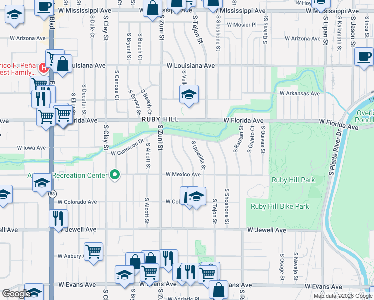 map of restaurants, bars, coffee shops, grocery stores, and more near 1590 South Vallejo Street in Denver