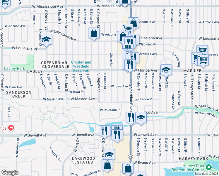 map of restaurants, bars, coffee shops, grocery stores, and more near 1634 South Chase Court in Lakewood