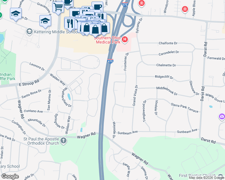 map of restaurants, bars, coffee shops, grocery stores, and more near 329 Wayside Drive in Dayton