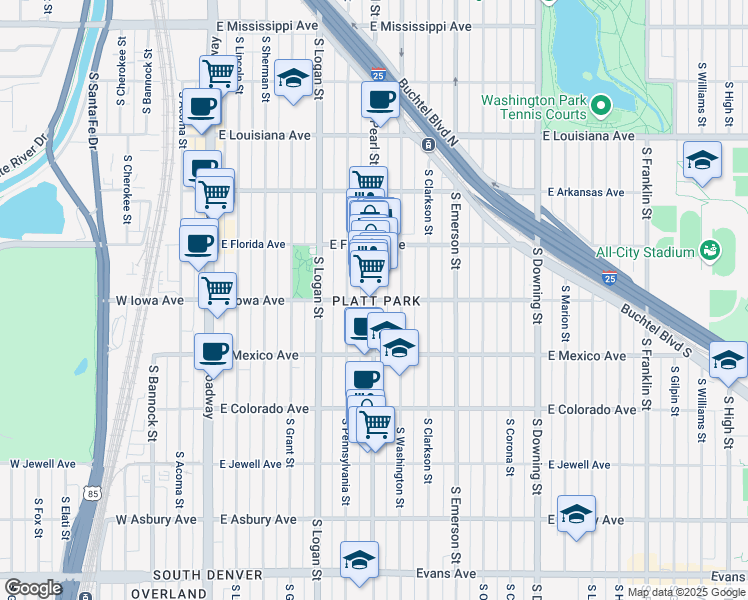 map of restaurants, bars, coffee shops, grocery stores, and more near S Pearl St & E Iowa Ave in Denver