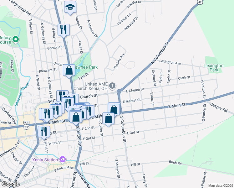 map of restaurants, bars, coffee shops, grocery stores, and more near 352 East Market Street in Xenia