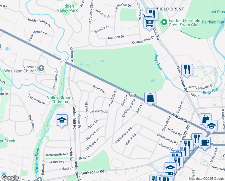 map of restaurants, bars, coffee shops, grocery stores, and more near 401 Nottingham Road in Newark
