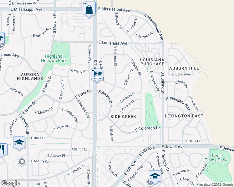 map of restaurants, bars, coffee shops, grocery stores, and more near 18839 East Hawaii Drive in Aurora