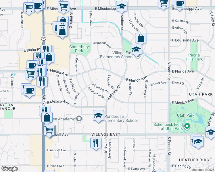 map of restaurants, bars, coffee shops, grocery stores, and more near 1692 South Lansing Street in Aurora
